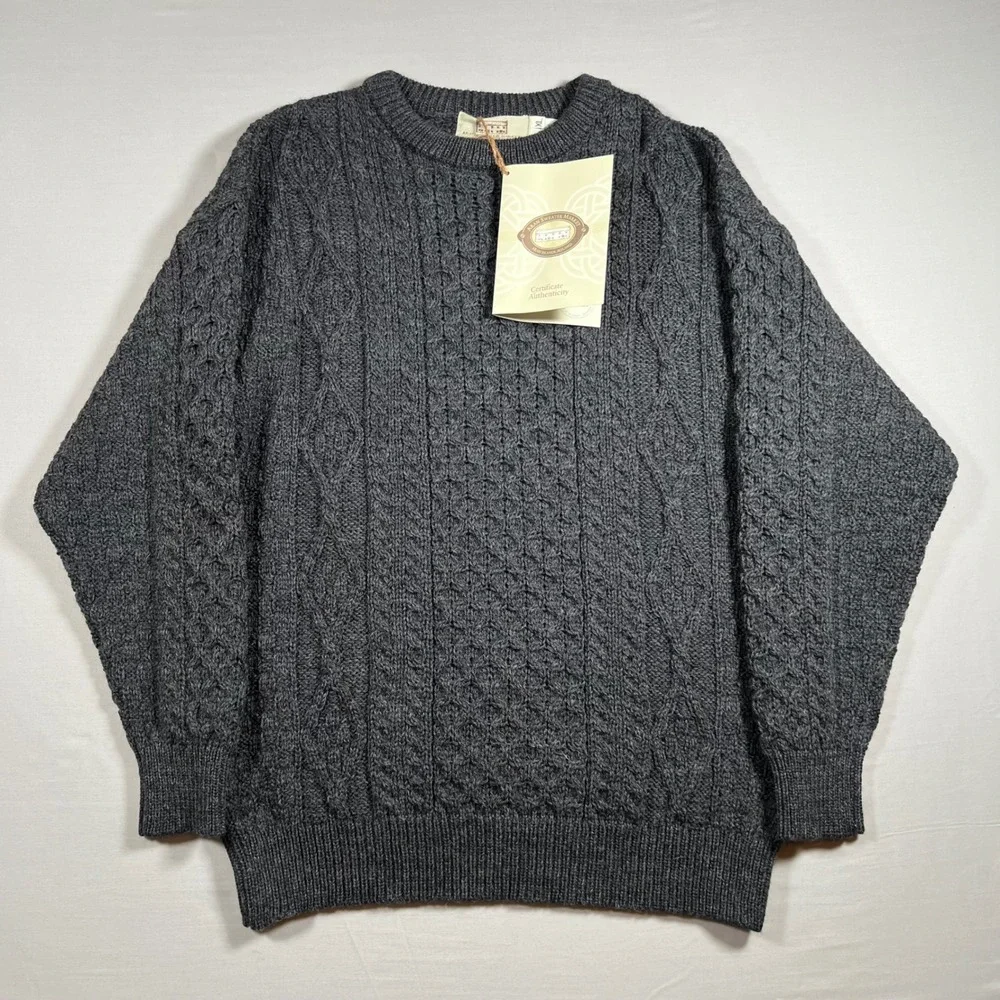 Aran Sweater Market Irish Wool Fisherman Sweater Mens XL Charcoal Gray Ireland